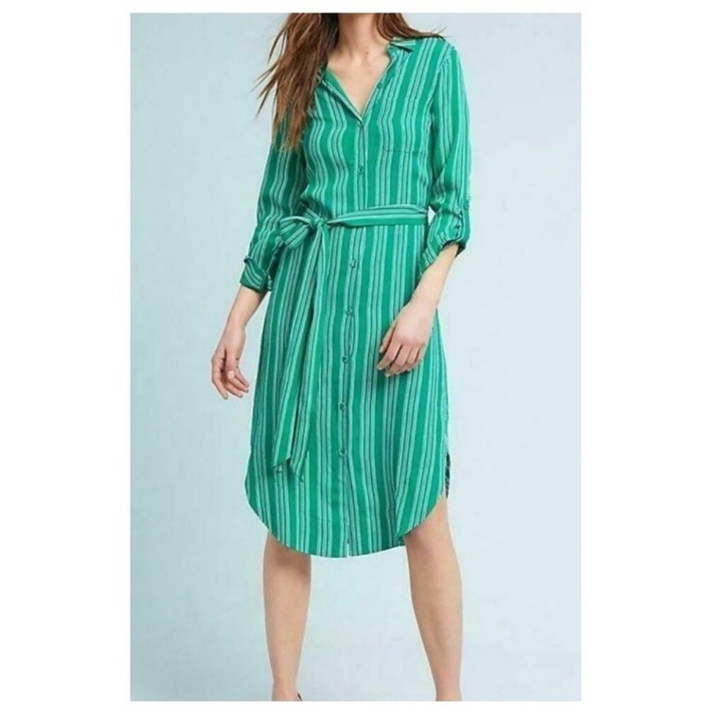 Maeve by Anthropologie Green White Striped 100% Viscose Shirt Dress Belted US 4